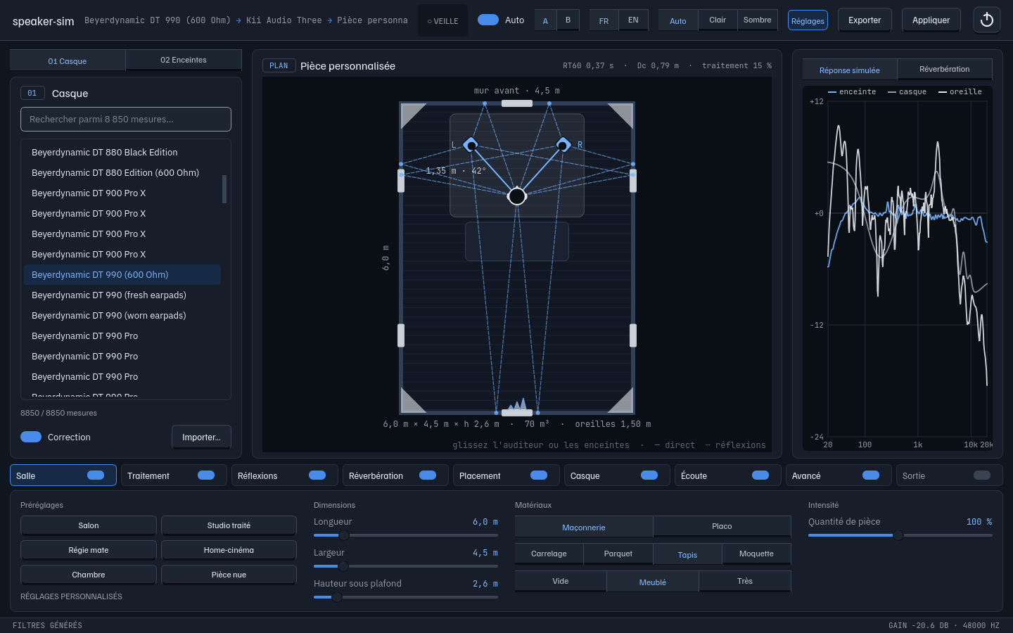 Speaker Sim main window: headphone and speaker strips, interactive top-down room plan, response and RT60 meters, room settings