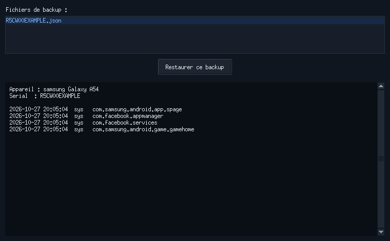 Le gestionnaire de backups : le fichier JSON du téléphone, les quatre retraits datés, et le bouton Restaurer ce backup.