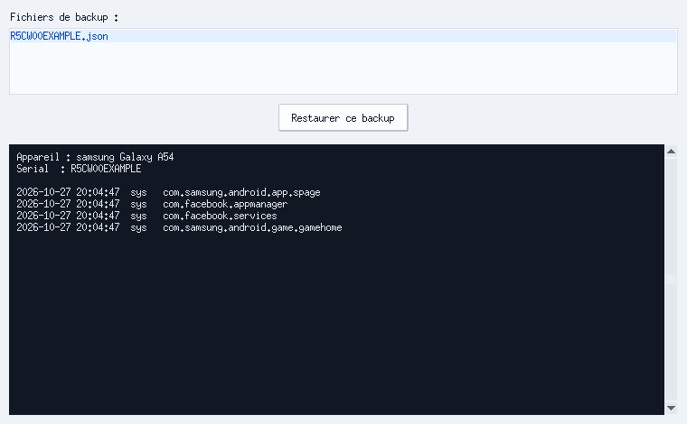 Le gestionnaire de backups : le fichier JSON du téléphone, les quatre retraits datés, et le bouton Restaurer ce backup.